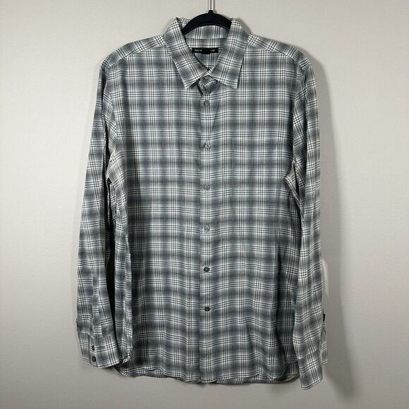 John Varvatos Large Teal Gray White Plaid Long Sleeve‎ Button Up Shirt - Picture 1 of 5